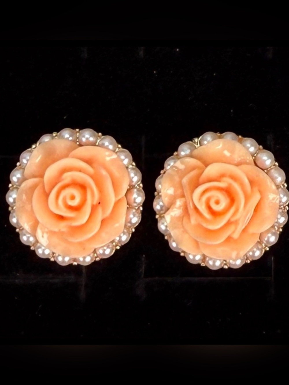 Peach Rose Faux Pearl Halo Pierced Statement Earrings